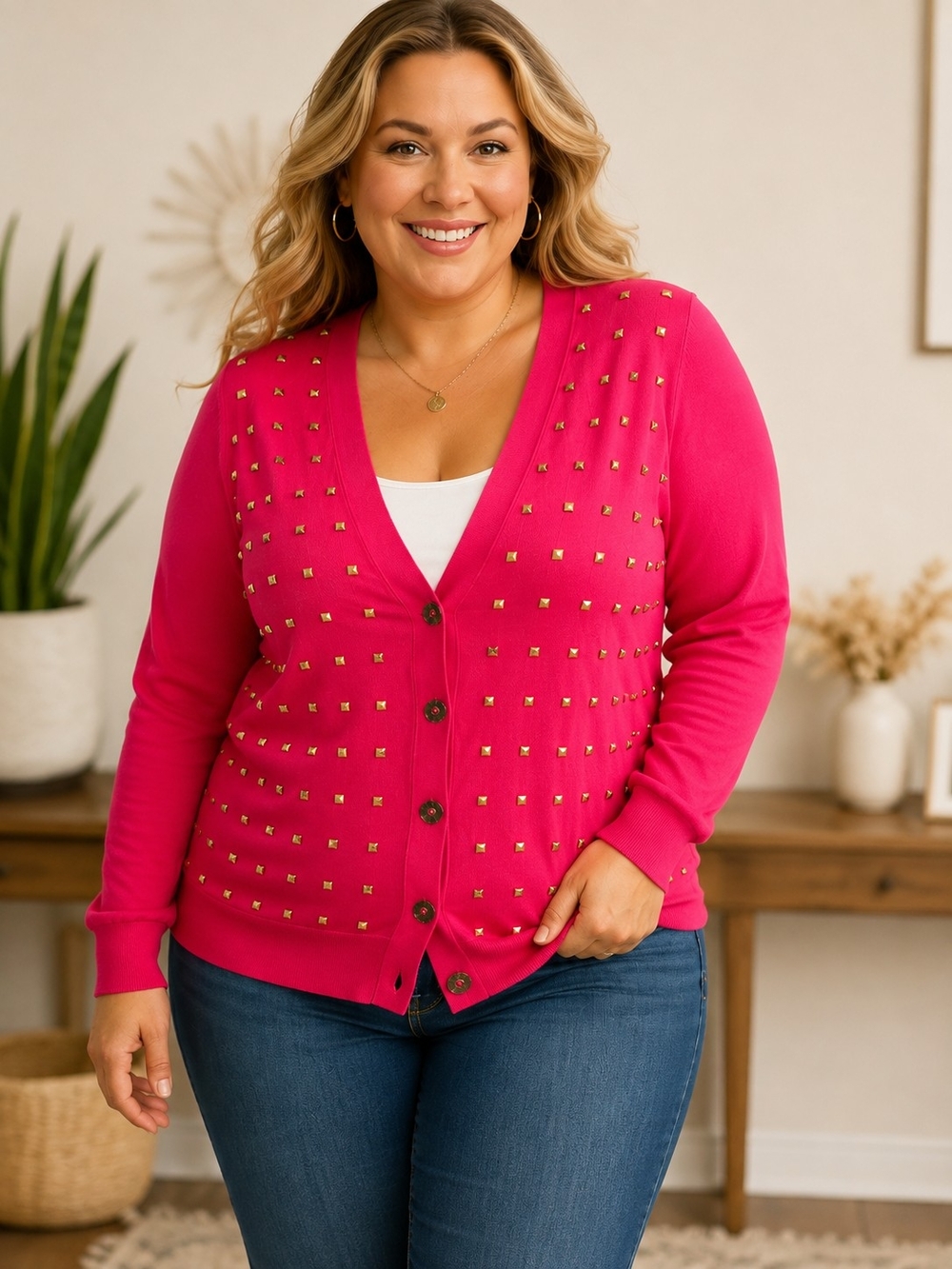 Juicy Couture Hot Pink Gold Studded Cardigan – Size Large